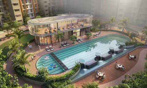 Aerial view of the lap pool, kids' pool and glass gym