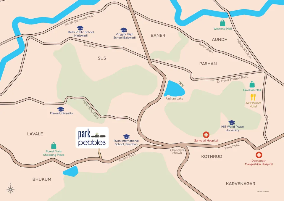 Location map of Park Pebbles, Bhugaon, near Mulshi Road, Chandani Chowk, Kothrud and Bavdhan (not to scale)